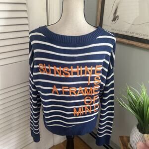 KERI ROSENTHAL XOKR Sweater Womens Medium Blue Stripe Embroidered Sunshine